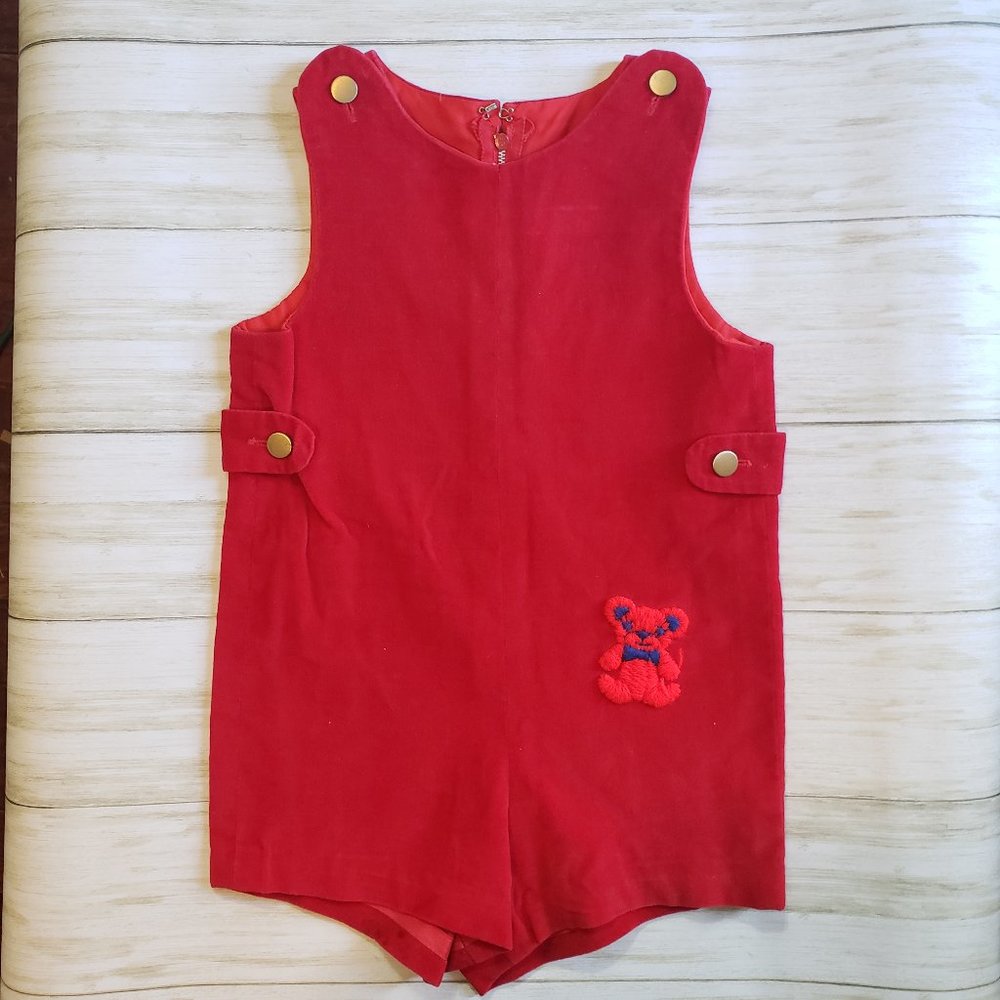 70s Vintage Baby Boy Red Velveteen Romper Shortall